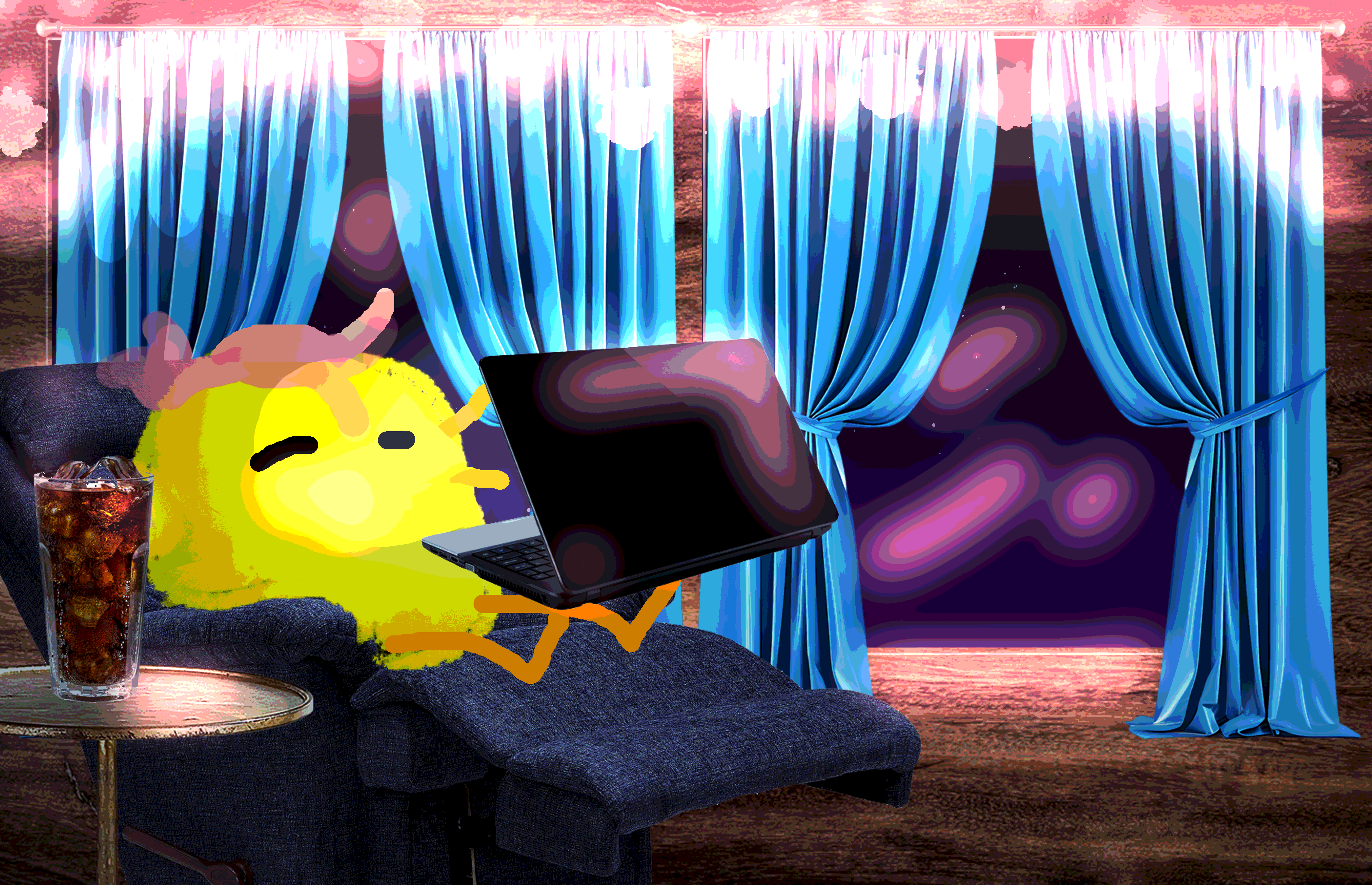a chicky in a chair with a sodie and laptop